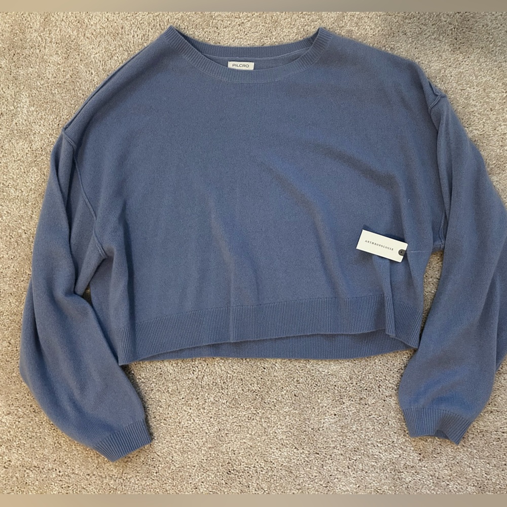 New, Tags On Anthropologie 100% Cashmere Blue Cropped Sweater